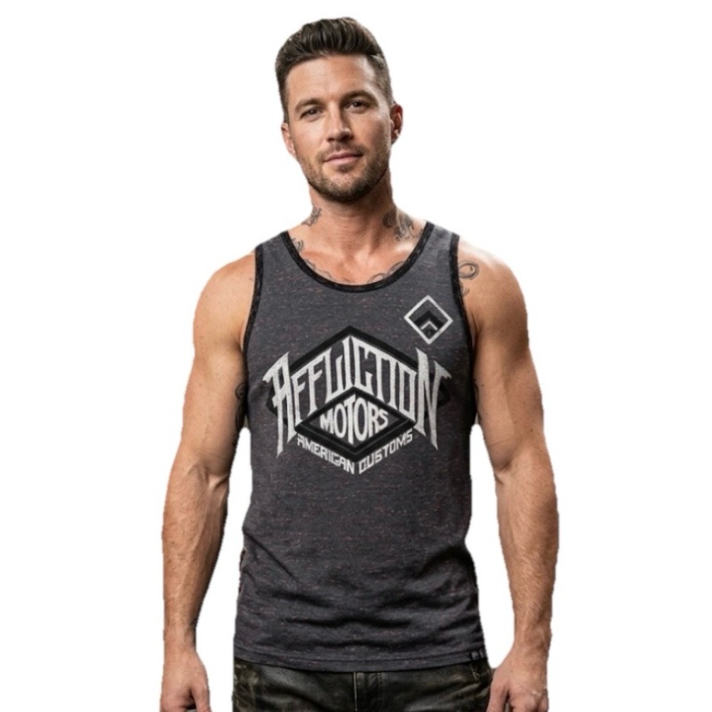 Affliction Men’s Black w/Red Orange Flakes Motors Graphic Tank Top Size Small